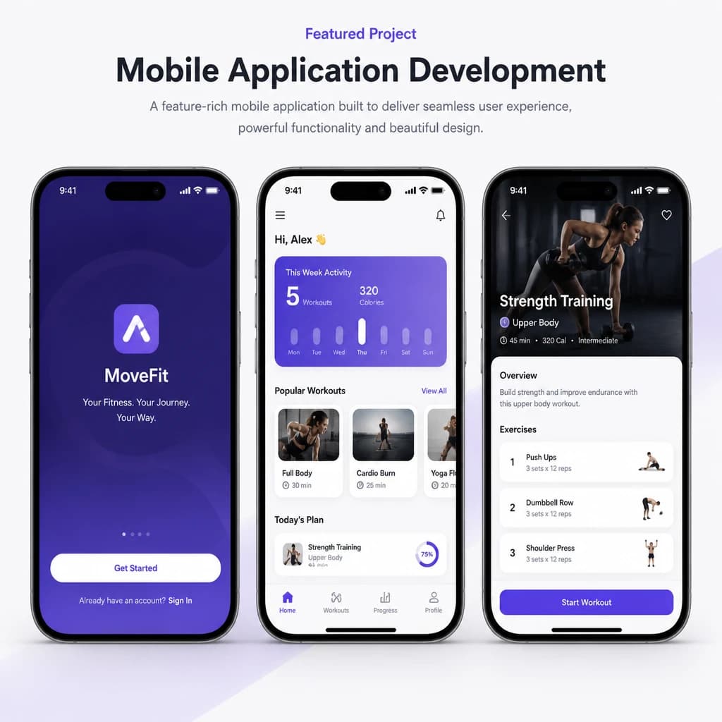 MoveFit fitness app onboarding, home, and workout detail screens