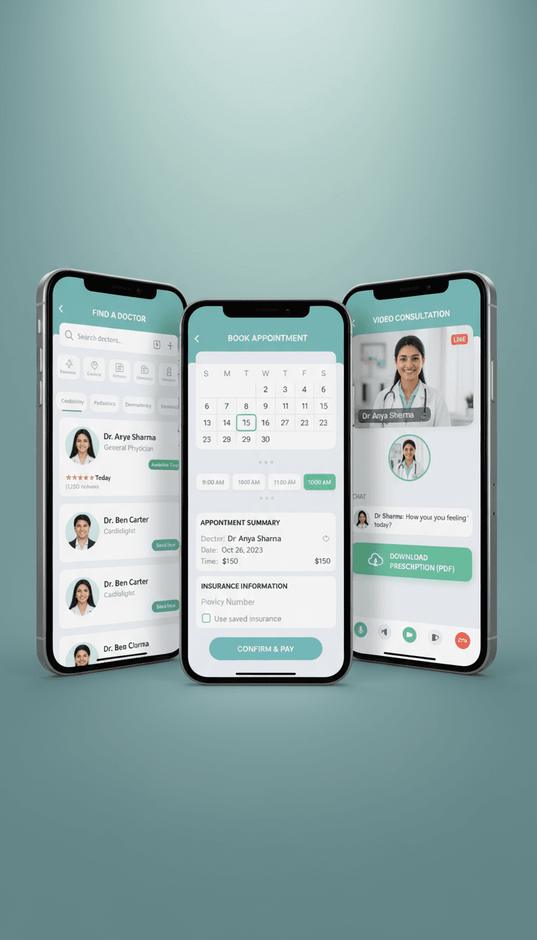 MediConnect telemedicine app find-a-doctor, booking, and video consultation screens