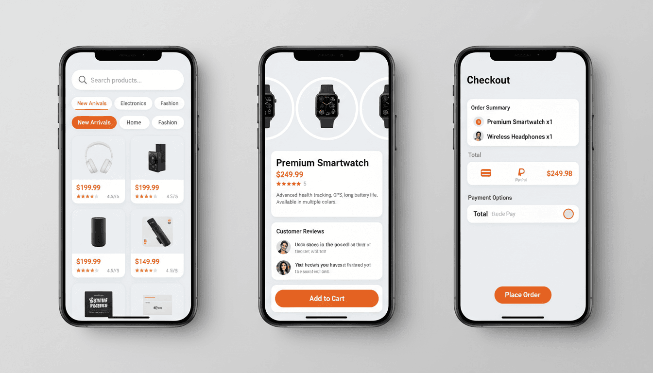 ShopEase mobile shopping app browse, product, and checkout screens