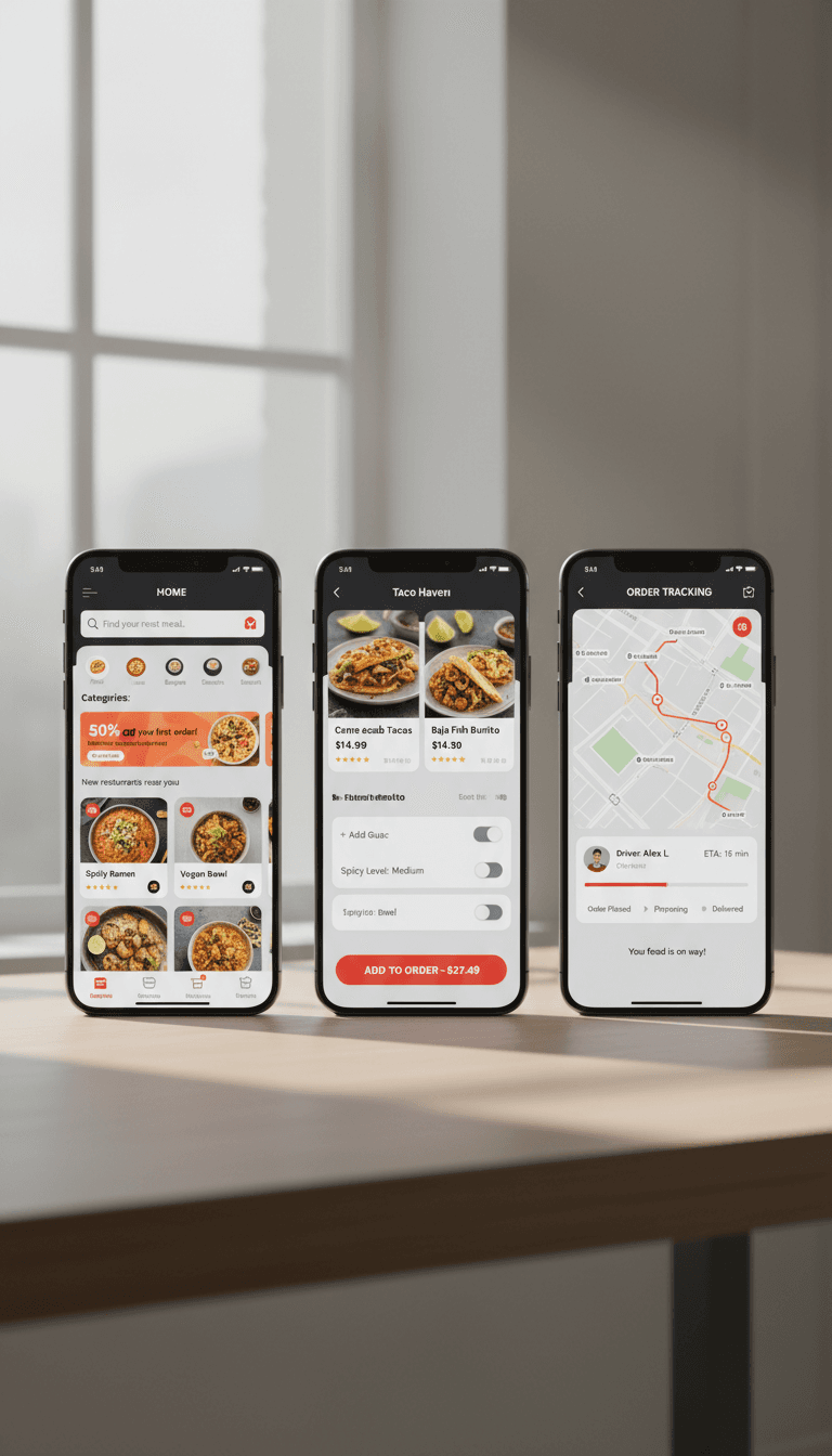 OrderUp food delivery app home, restaurant menu, and order tracking screens