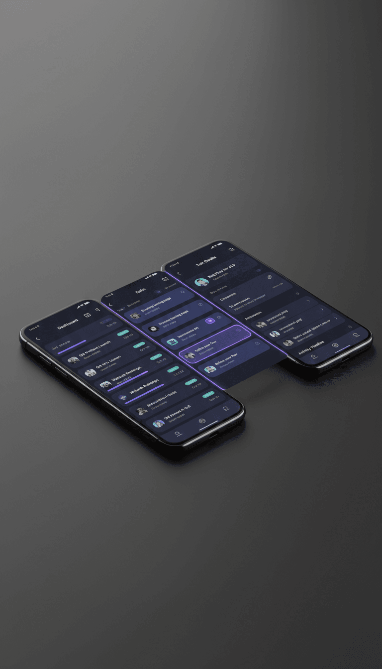 TaskFlow team collaboration app dashboard, tasks, and task detail screens
