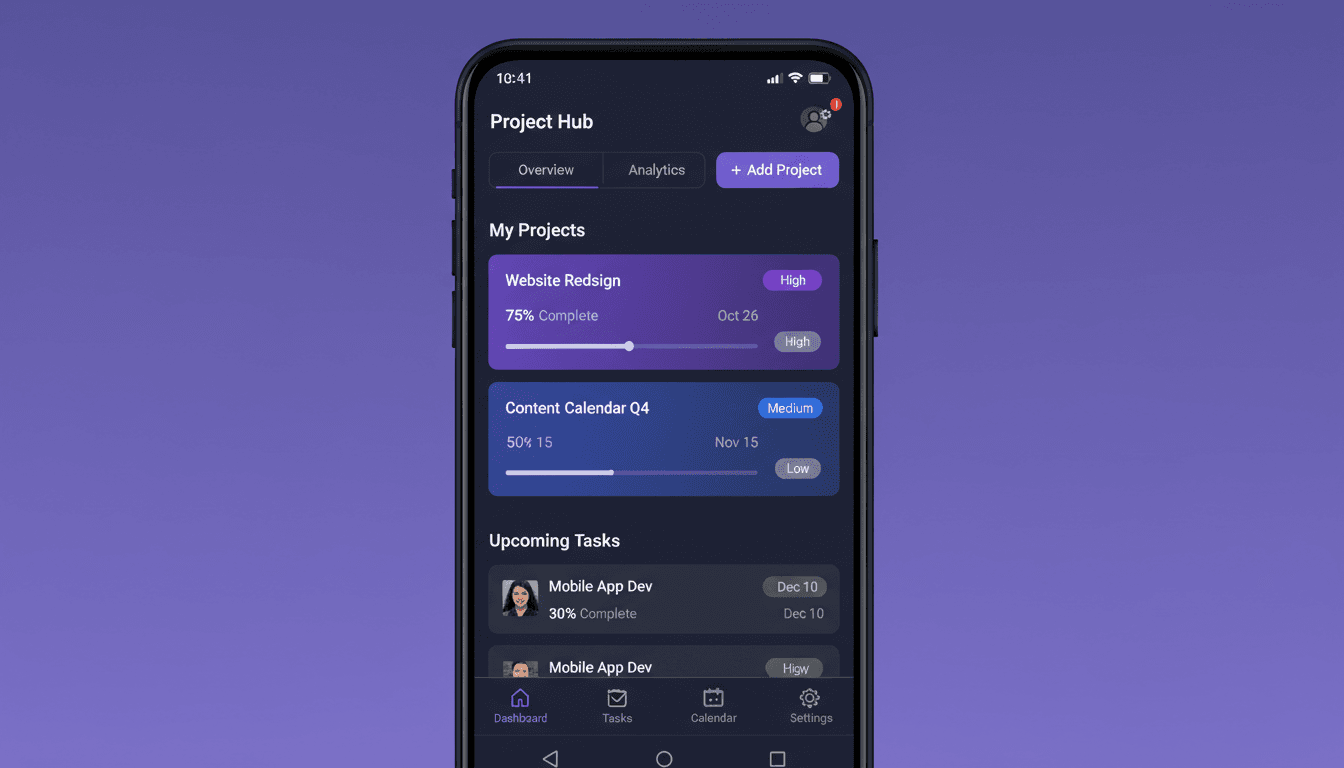 Project Hub app overview screen with project progress and upcoming tasks