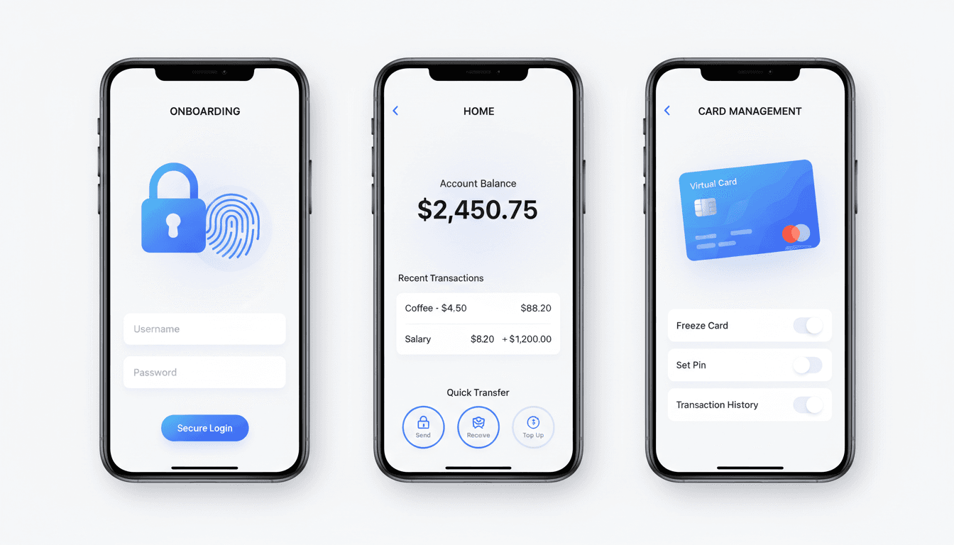 NovaBank digital banking app onboarding, home, and card management screens